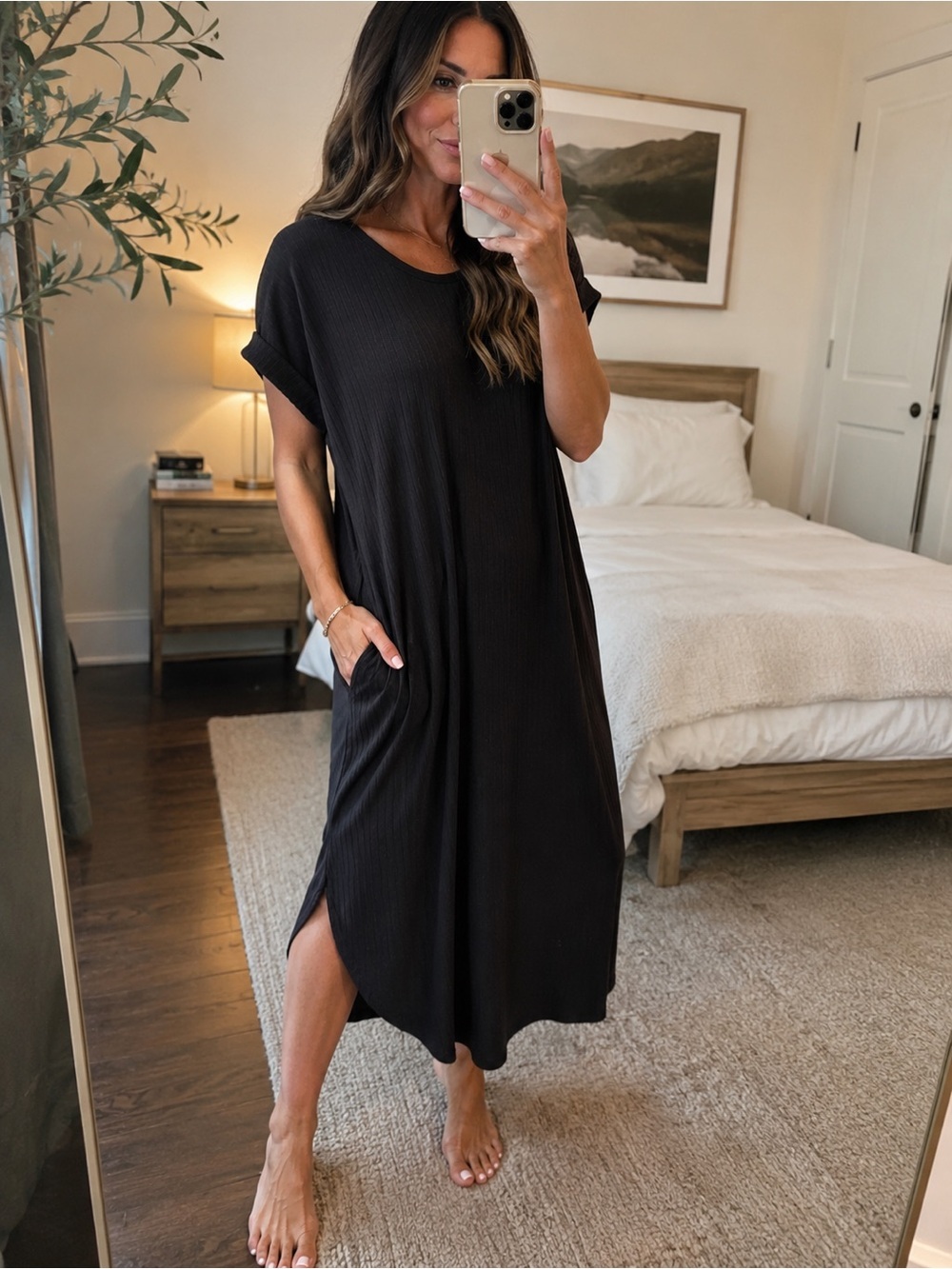 Black Ribbed Knit Stretch Midi Dress Loungewear Pockets 12 XL extra large Entro